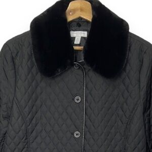 Charter Club Black Quilted Womens Coat Equestrian Lightweight Faux Fur Collar PM